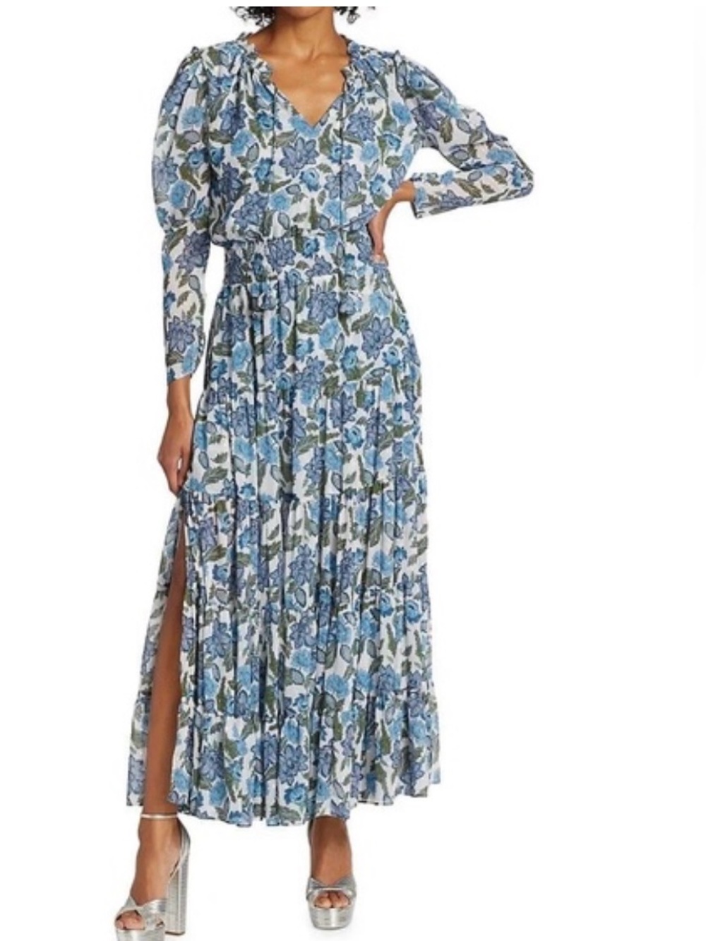 Misa Los Angeles Blue Floral Tiered V-Neck Maxi Dress
